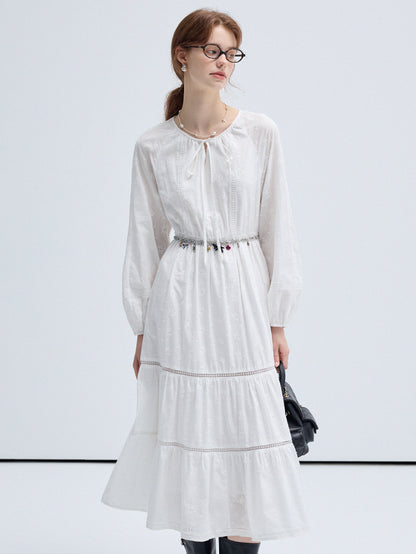 String Tie Neck Embroidery Long Tiered Smock Dress