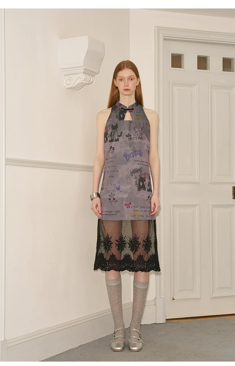 Qipao Inspired Lace Hem Graffiti Print Dress