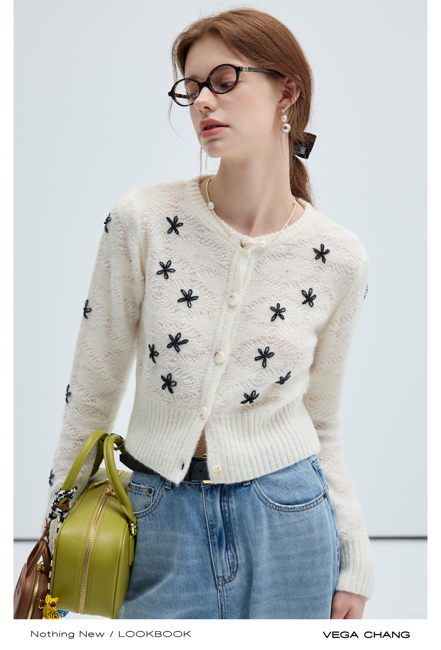 Flower Embroidered Ribbed Waist Wool Cardigan