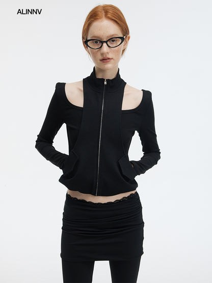 Cut Out High Neck Long Sleeve Fitted Zip-Up Top