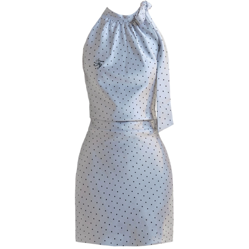 Satin Polka Dot Ruched Waist Short Dress With Neck Tie