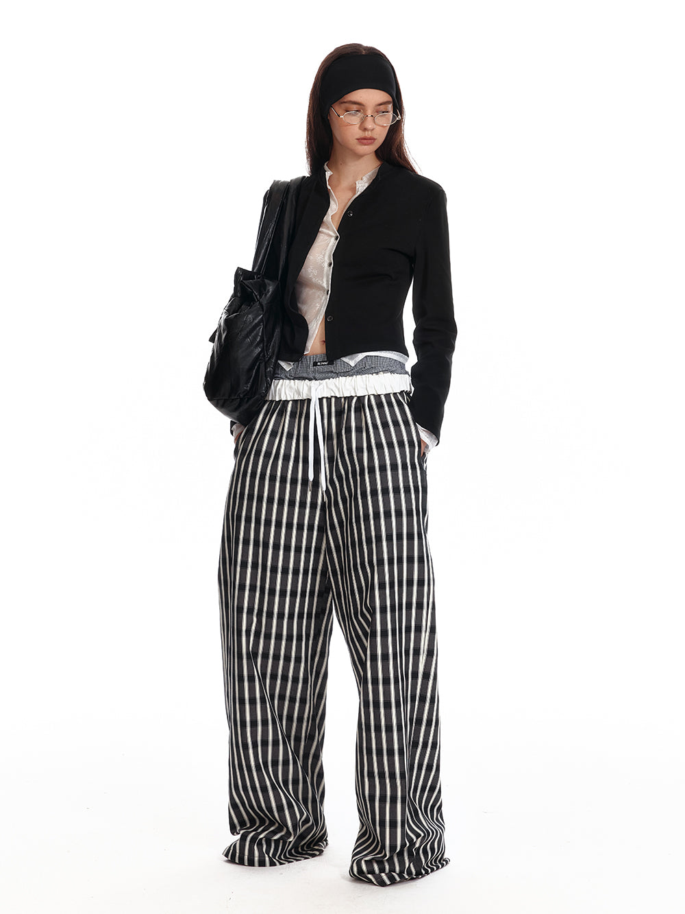 Foldable Waist Stripe-Look Checkered Pants