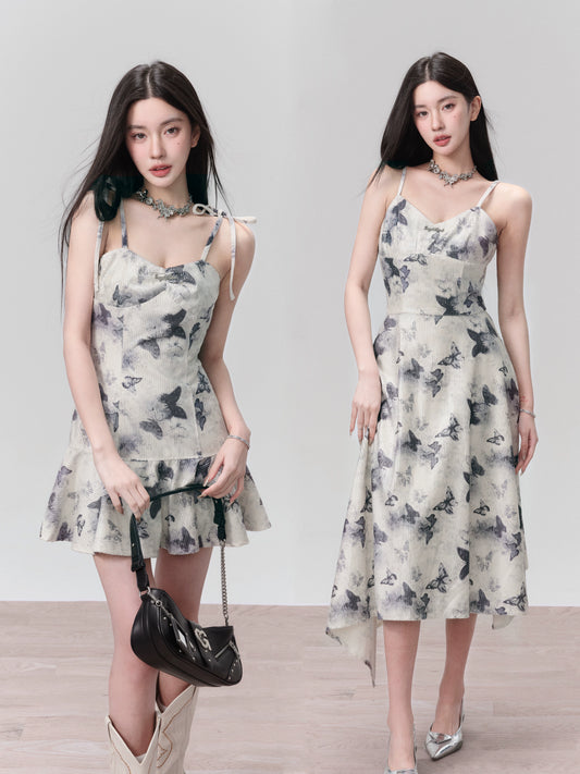 Butterfly Ink Print Camisole Dress Available In Two Lengths