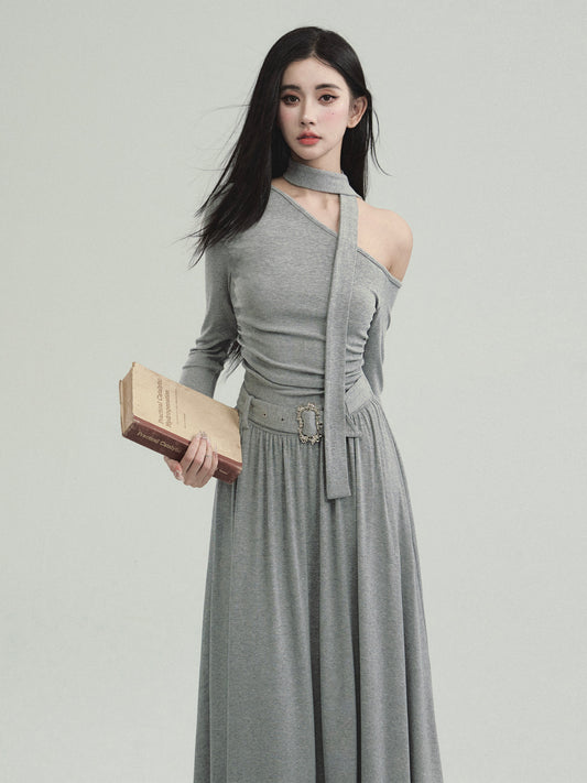 One-Shoulder Cotton Dress With Matching Scarf