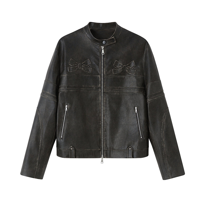 Embossed Bow Vintage-Look Faux Leather Jacket