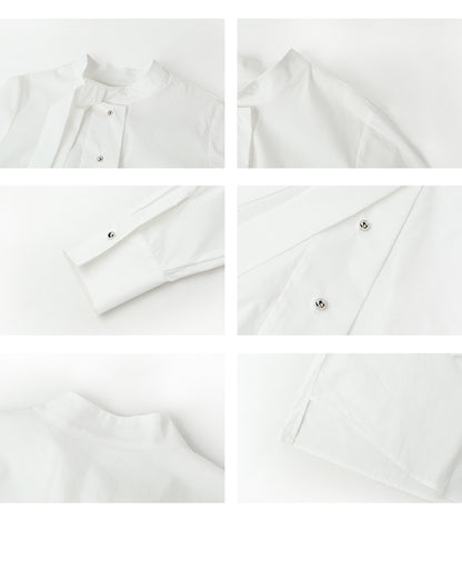 Ball Button Tie Neck Cotton-Nylon Blend Shirt