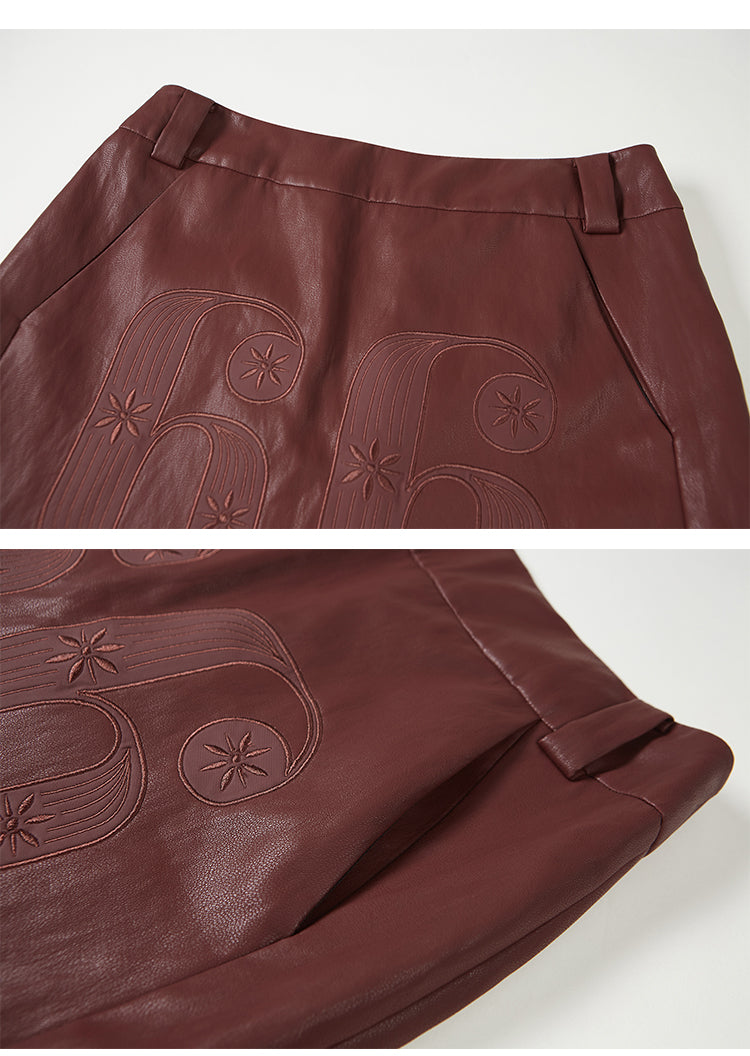 Sporty Patch Embroidery Faux Leather Skirt