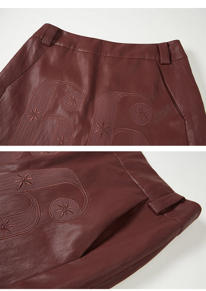 Sporty Patch Embroidery Faux Leather Skirt