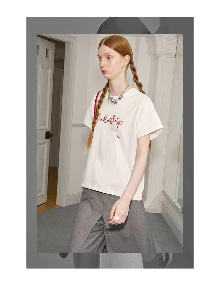 Contrast Letter Embroidery Cotton T-Shirt