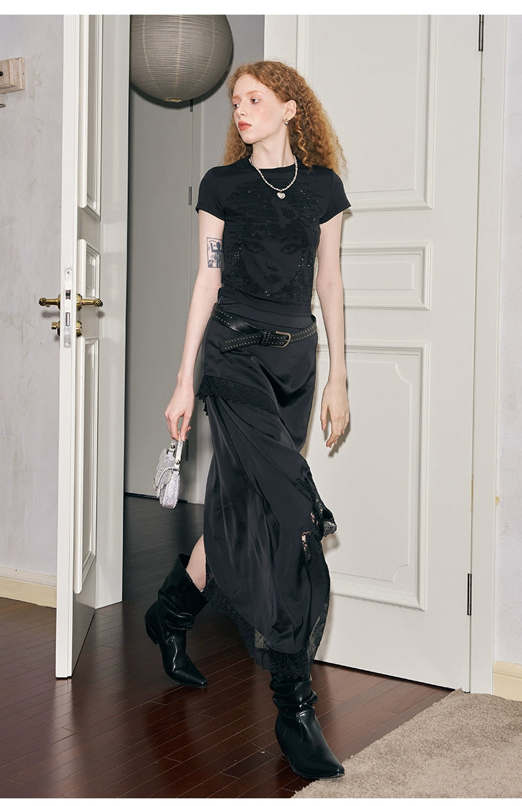 Asymmetric Elegant Lace-Trimmed Drapey Satin Skirt