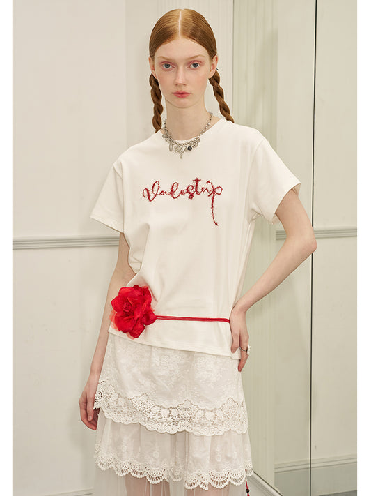 Contrast Letter Embroidery Cotton T-Shirt