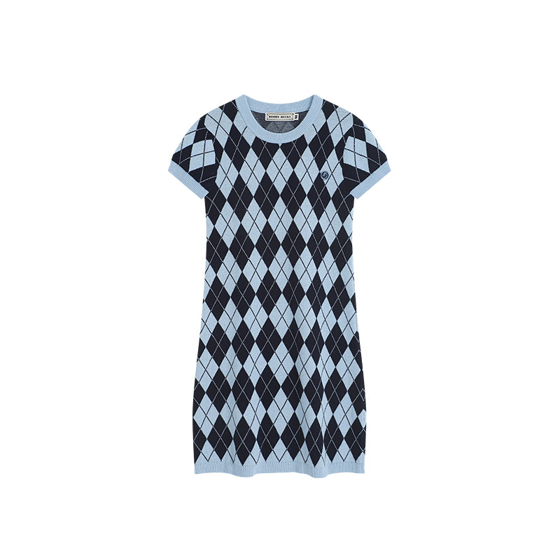 Mercerized Wool Short Sleeve Argyle Knit Dress