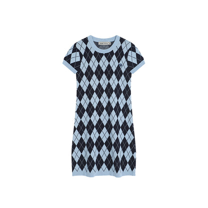 Mercerized Wool Short Sleeve Argyle Knit Dress