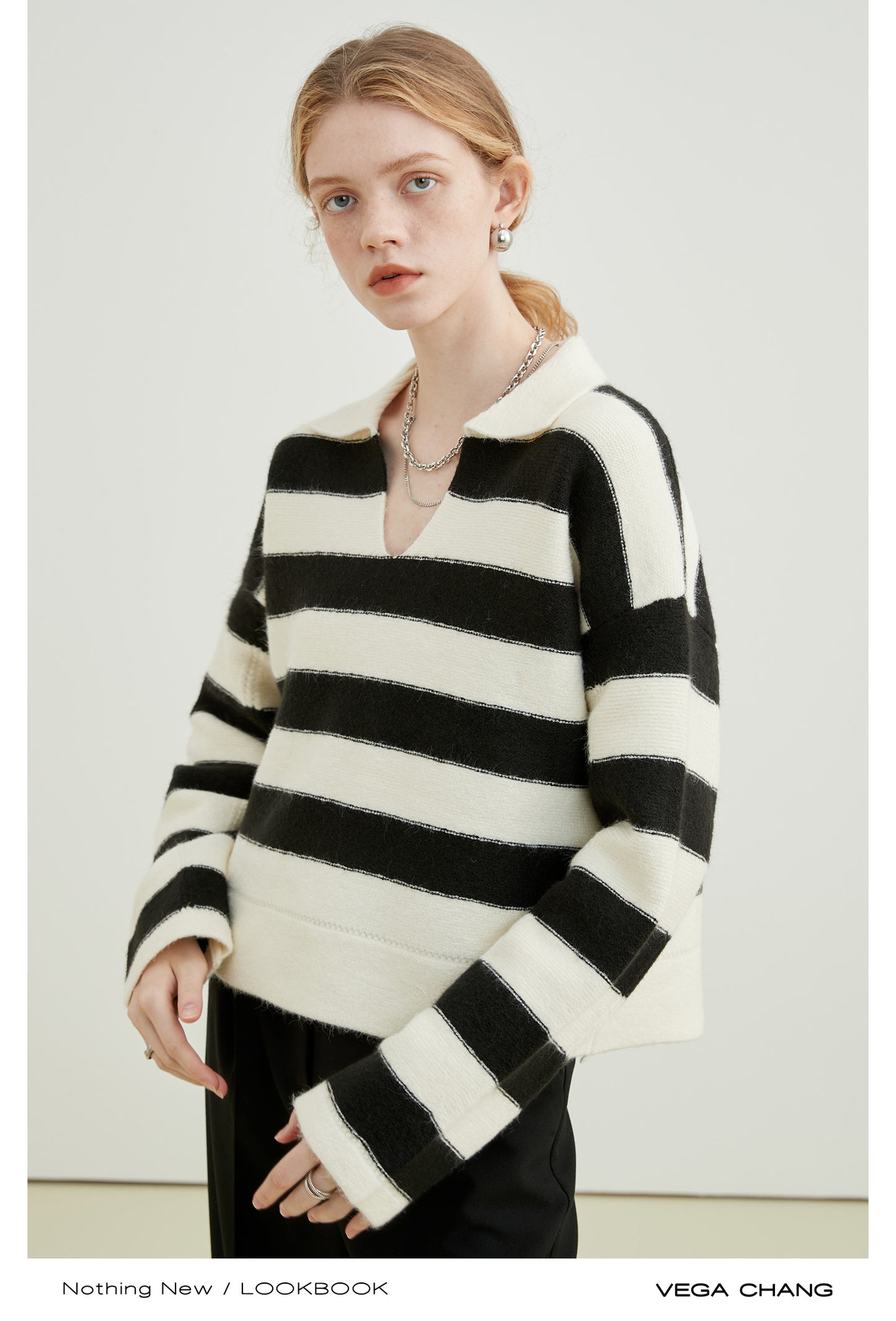 Polo Collar Open V-Neck Striped Sweater