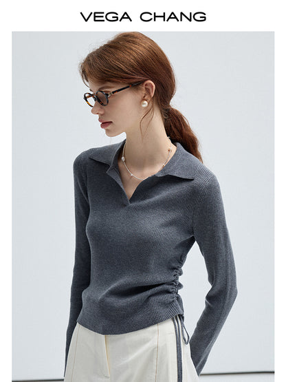 Plain Polo Rib Knit Top And Flared Slim Pants