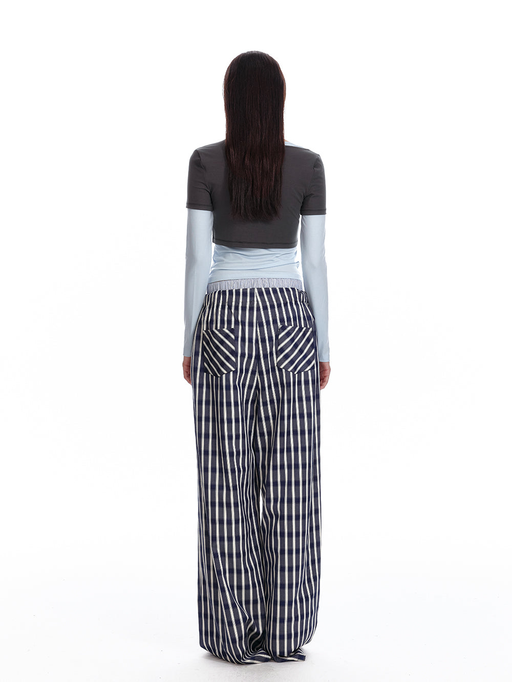 Foldable Waist Stripe-Look Checkered Pants