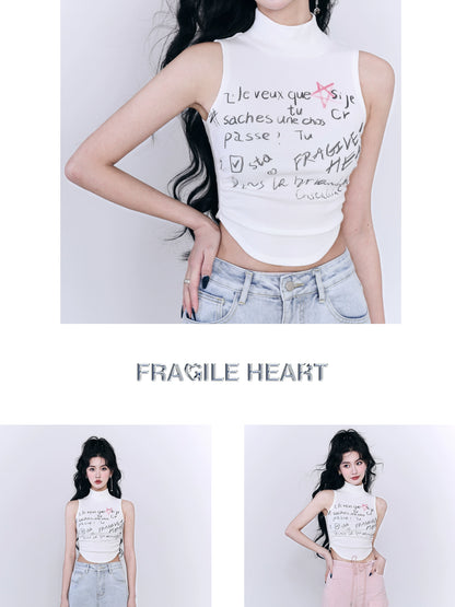 Handwriting Letter Print Sleeveless High Neck Ribbed Top