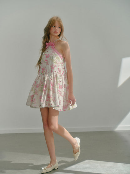 Flower Ribbon Cross Strap Floral Puffy Dress