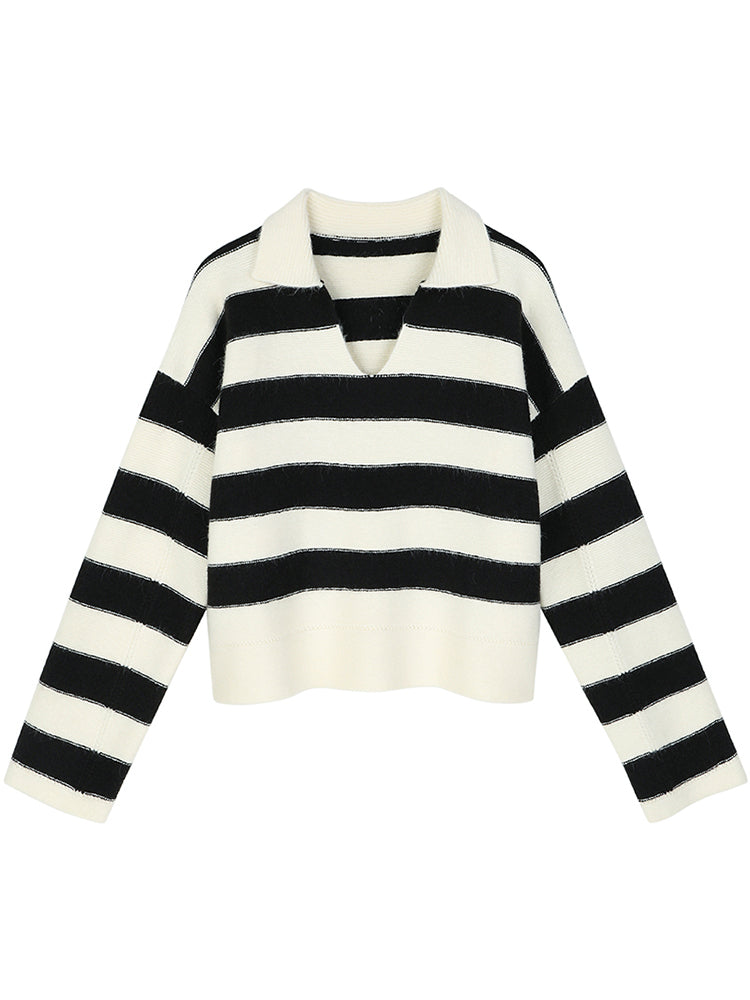 Polo Collar Open V-Neck Striped Sweater