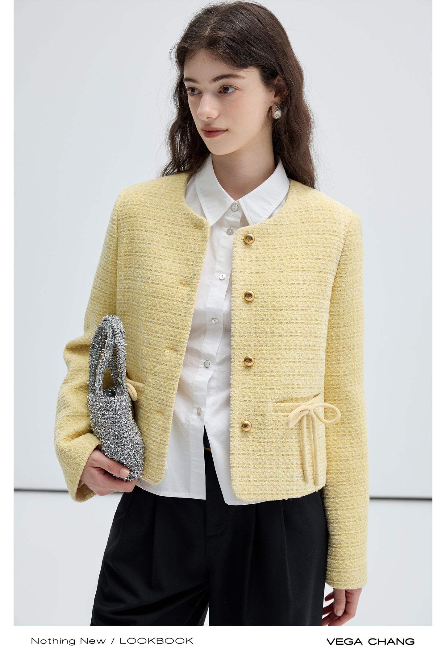 Bow Detail Collarless Tweed Wool Blend Jacket