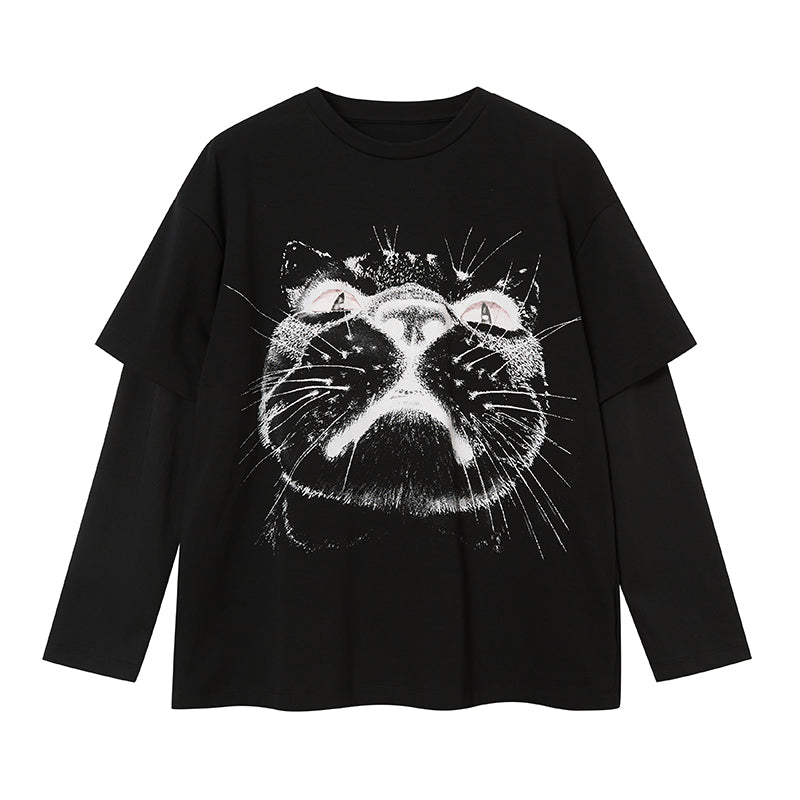 Faux Layered Cat Print T-Shirt