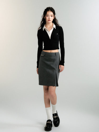 Office Lady Faux Two-Piece Slim Fit Cropped Shirt