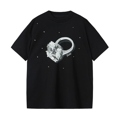 Oversized Diamond Ring Print Cotton T-Shirt With Rhinestones