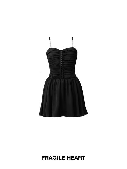 Pleated Satin Camisole Dress With Chained Straps