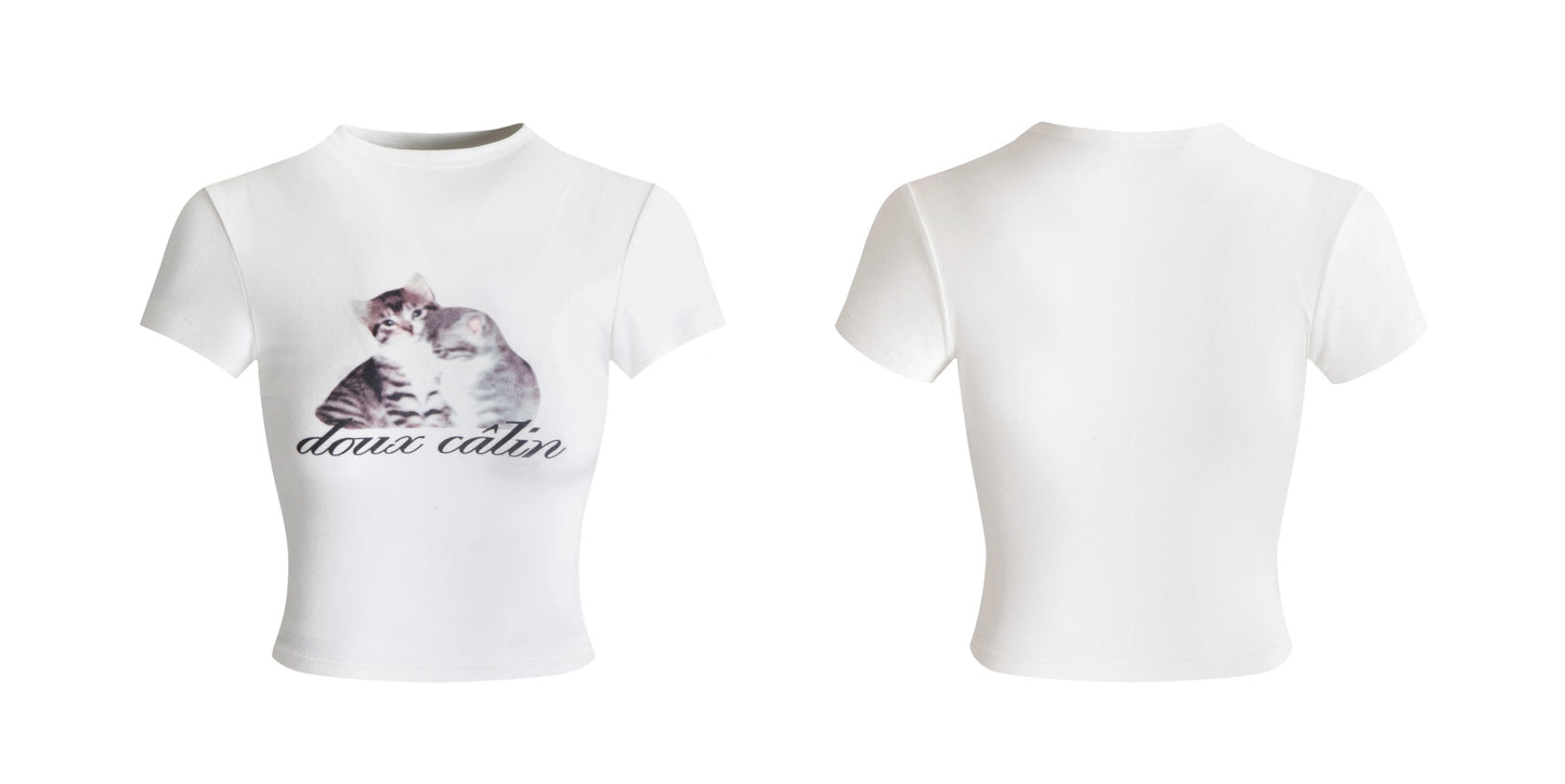 Cat Print Mock Neck Cropped Fitted T-Shirt