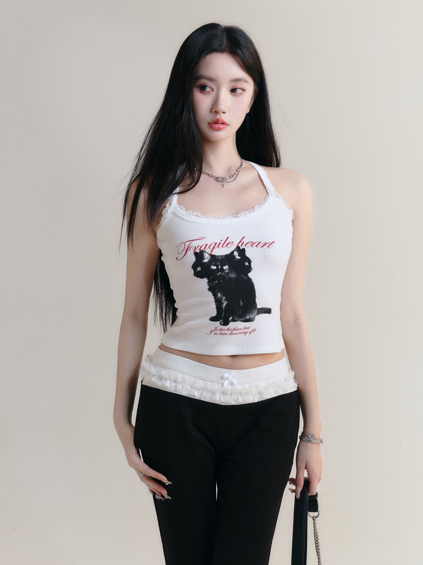 Cat Print Racerback Cotton Rib Lace Cami Top