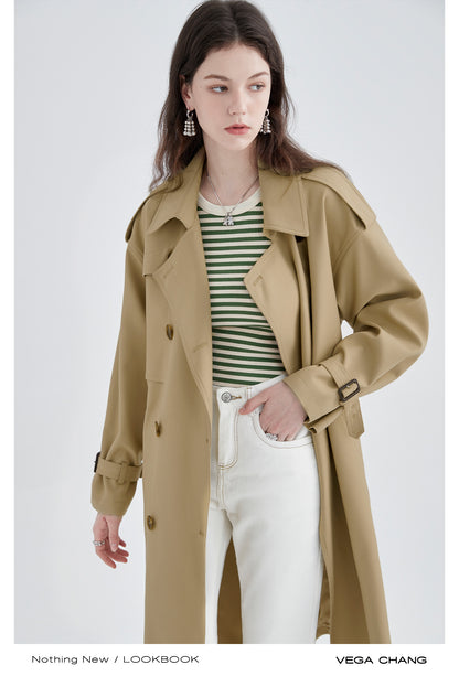 Belted Double Breast Midi Serge Trench Coat