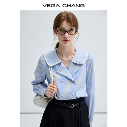 Frilled Round Collar Puff Sleeve Stripe Blouse