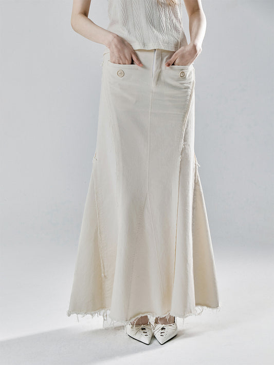 Fringed Long Denim Skirt And Beaded Macrame Belt