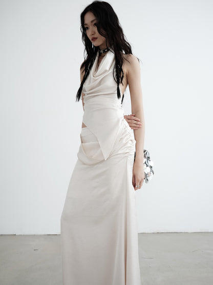 Asymmetrical Satin Draped Top And Maxi Skirt Set