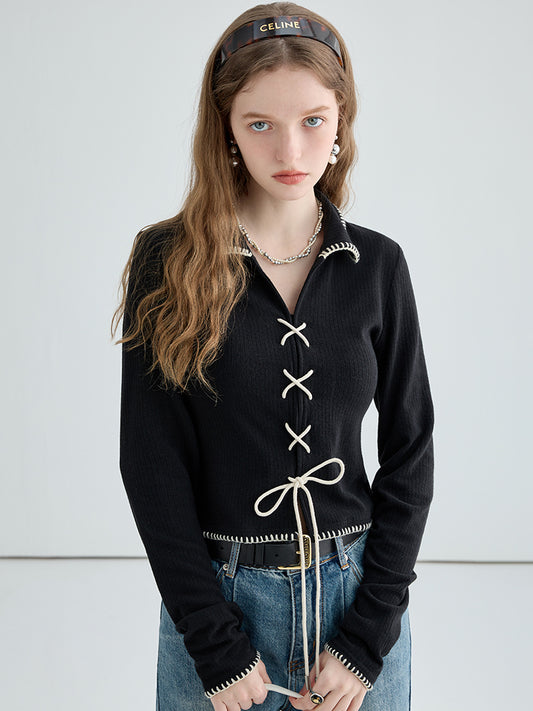 Lace-Up Design Stitched Edge Rib Knit Top