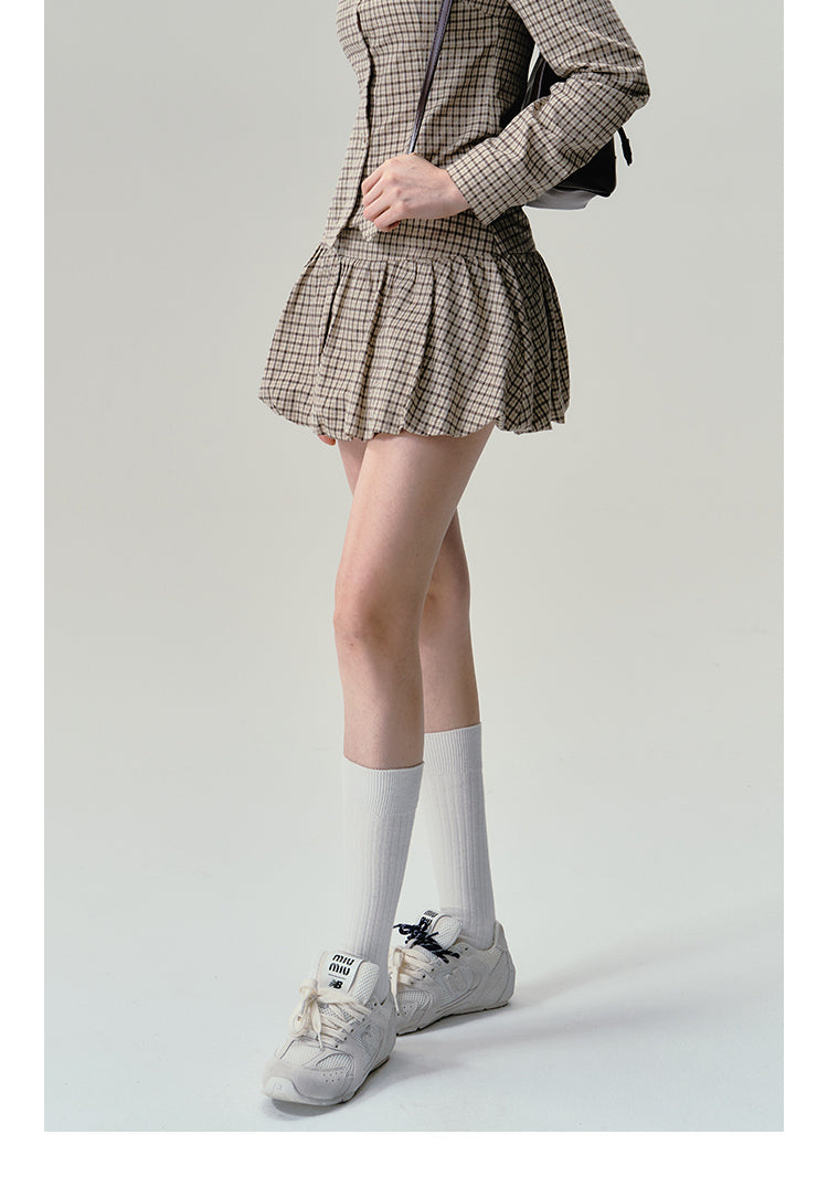 Cotton Plaid V-Hem Shirt And Balloon Mini Skirt Outfit