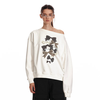 Two Way Bow Print Oversized Cotton Sweatshirt