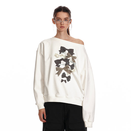 Two Way Bow Print Oversized Cotton Sweatshirt