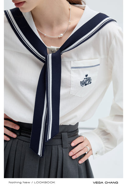 Emblem Embroidered Sailor Collar Tie Neck Shirt