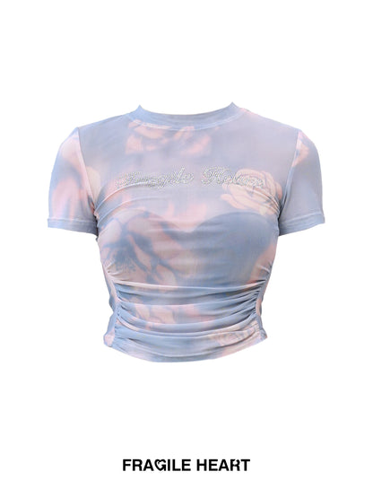 Rose Print Sheer Stretchy Ruched Mock Neck T-Shirt