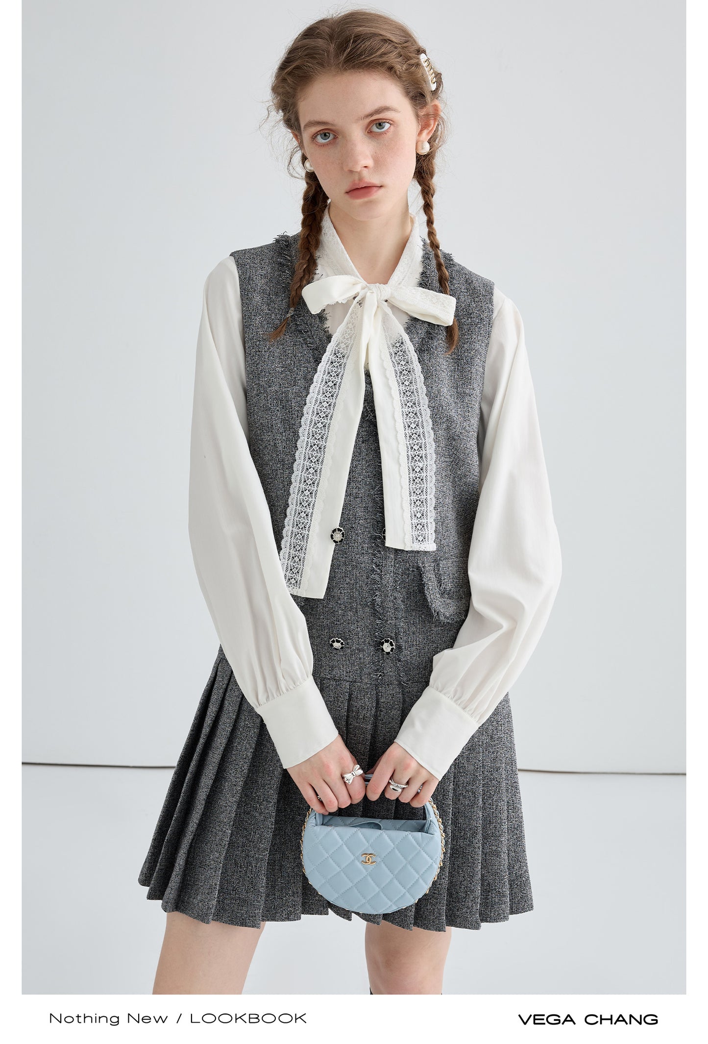 Tweed Vest Dress And Simple Lace Tie Neck Blouse