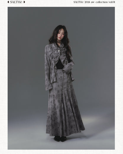 Textured Open Front Draped Jacket, Matching Skirt