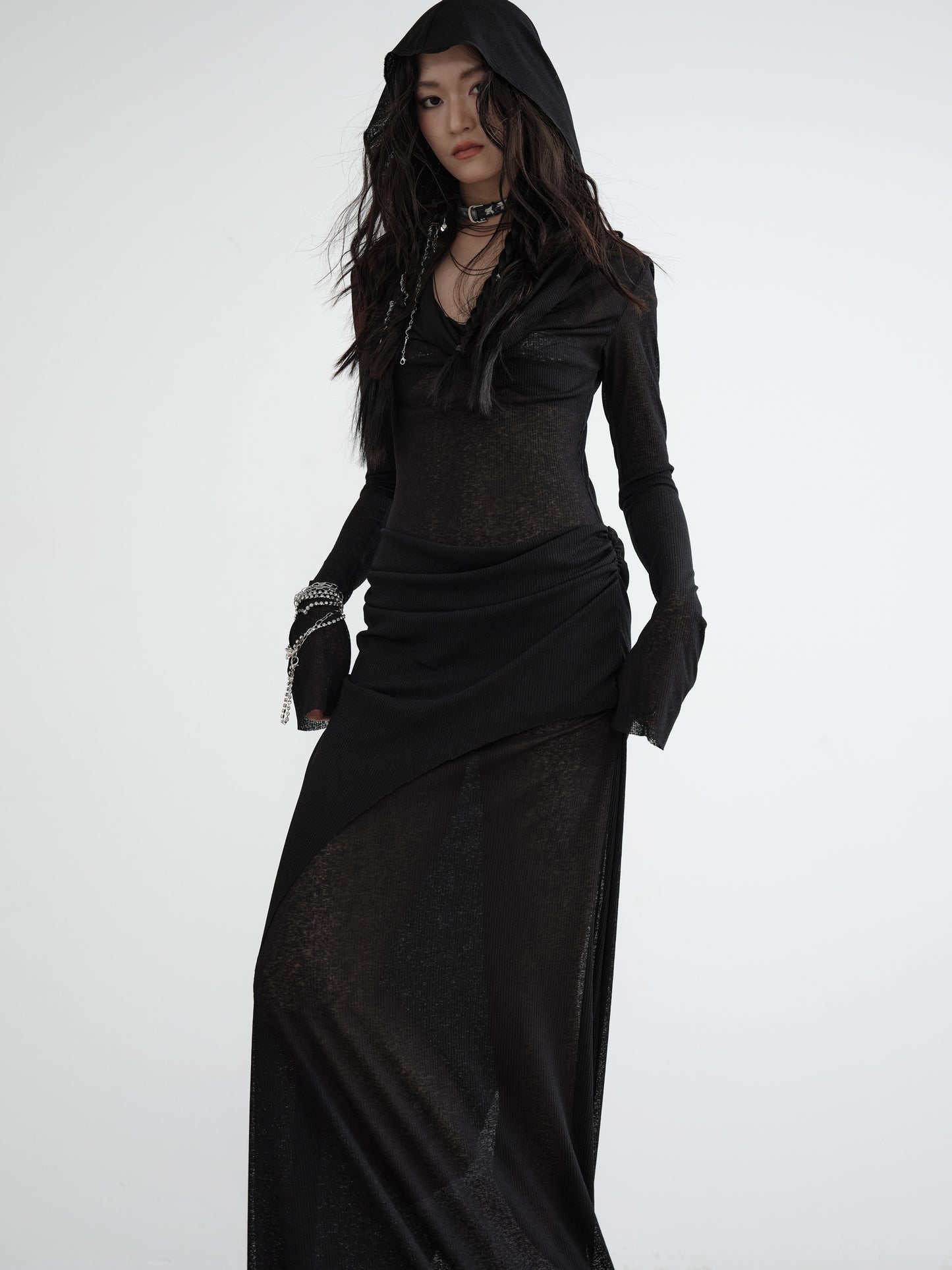 Hooded Sheer Rib Knit Faux Two-Piece Drape Dress