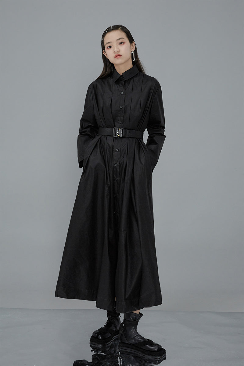 Relax Fit Pleated Cotton Long Shirt Dress