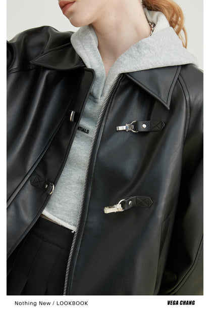 Double Closure Metal Buckle Faux Leather Jacket