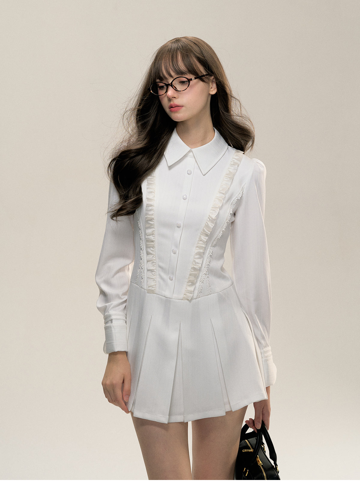 Pleated Shirt Dress With Removable Bow Tie