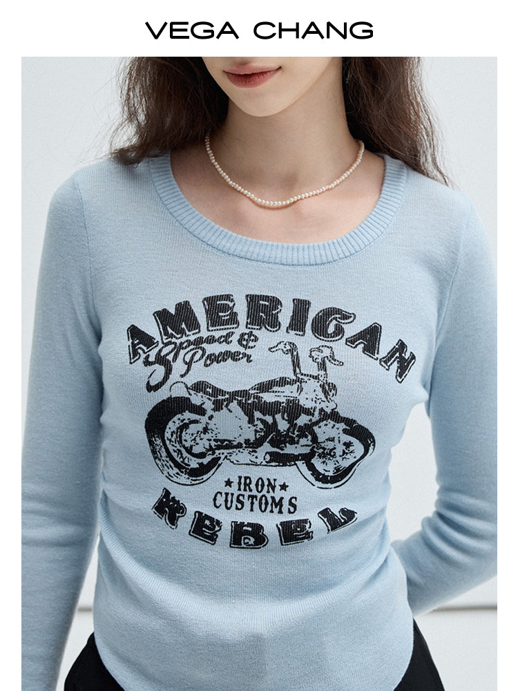 Motorbike Print Side Gather Knit Top