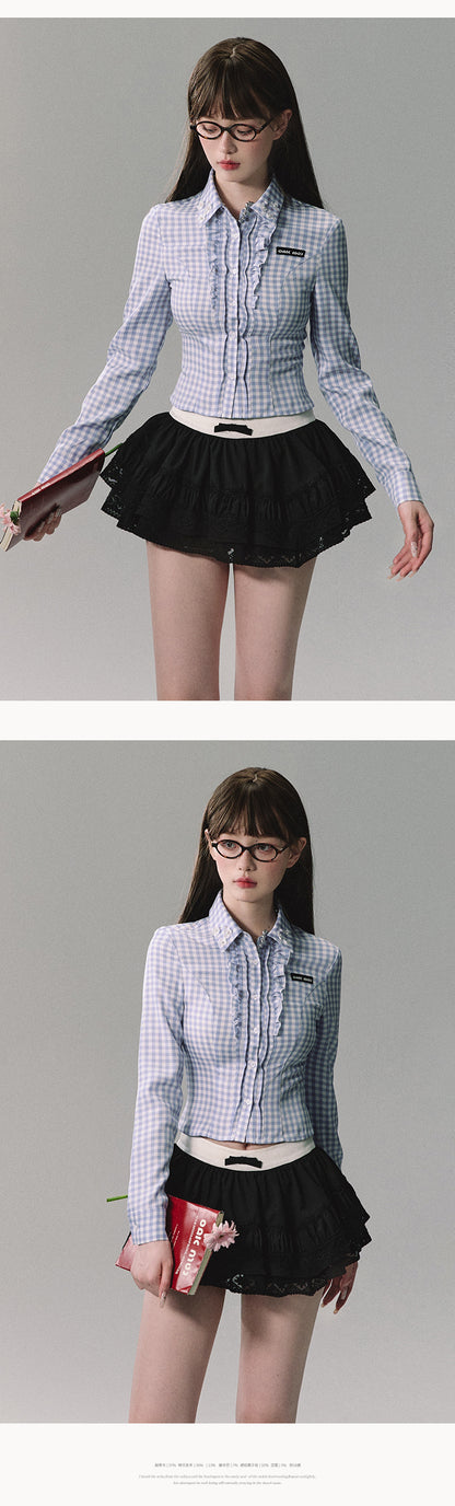 Gingham Check Frill Fitted Shirt And Pleated Skirt