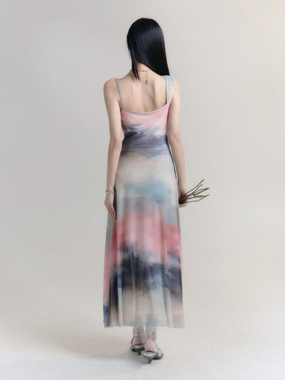 Vibrant Gradient Flower Drape Strapped Dress