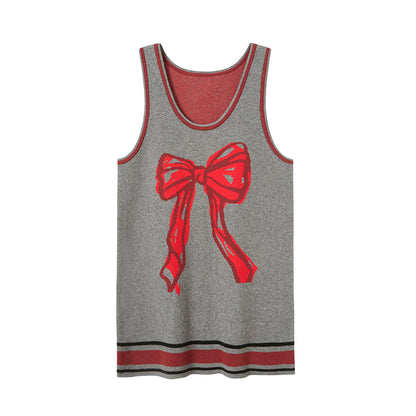 Hand-Drawn Style Bow Knit Vest Short Dress